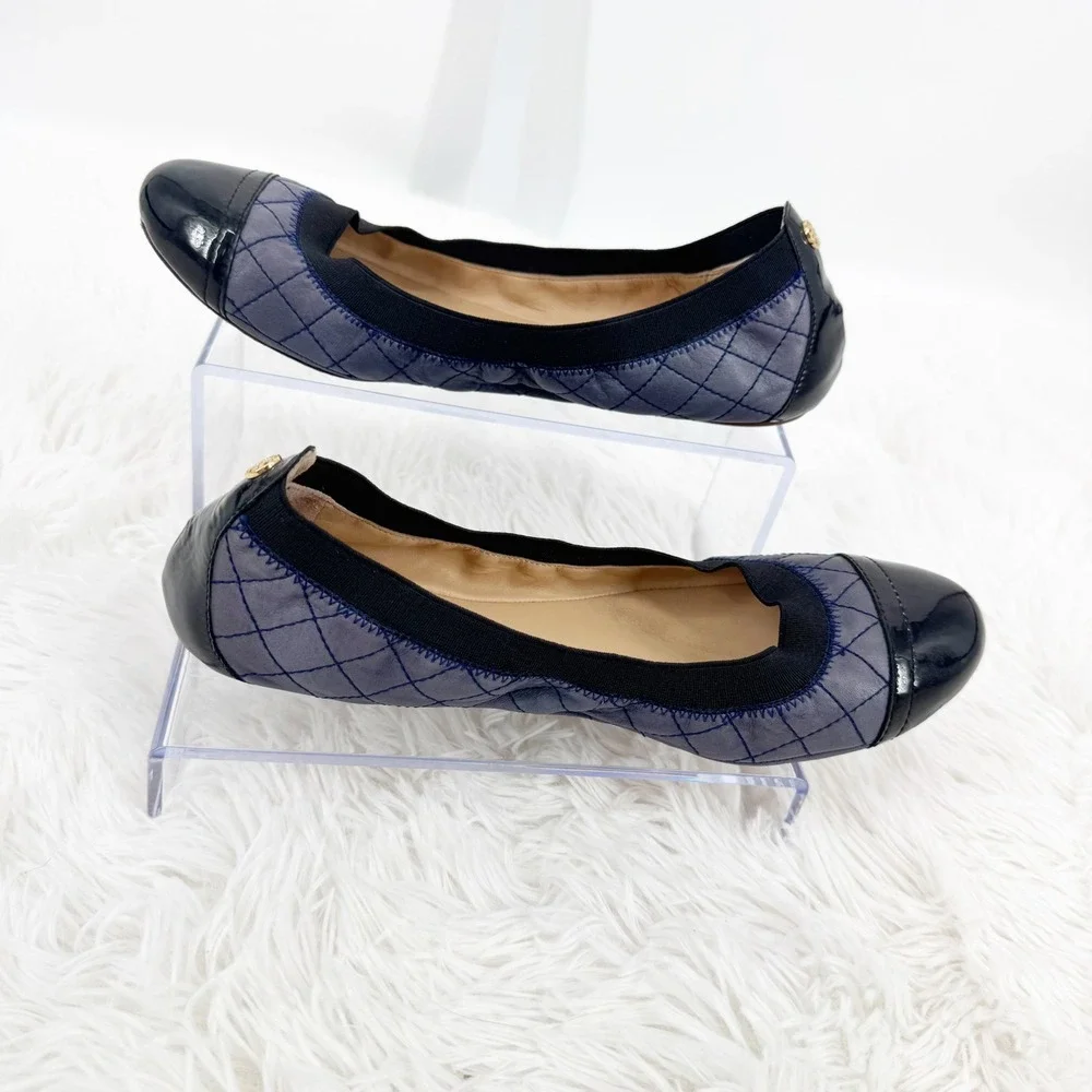 Tory Burch Bridgette Ballet Flats Slate Blue Quilted Patent Cap Toe Size 9M